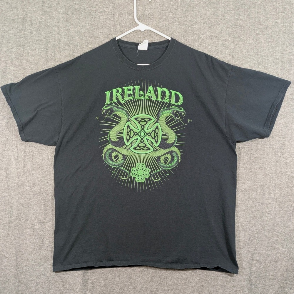 Fruit of the Loom Black Green Ireland‎ Two Snakes Celtic Cross T-Shirt Size 2XL